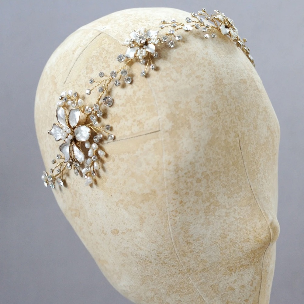 Twigs & Honey Beaded and enamel flower, crystal hair vine